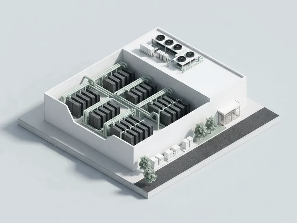 Isometric architectural model of a white AI data center, cut away to reveal GPU server racks, liquid-cooling pipes, and rooftop cooling units.